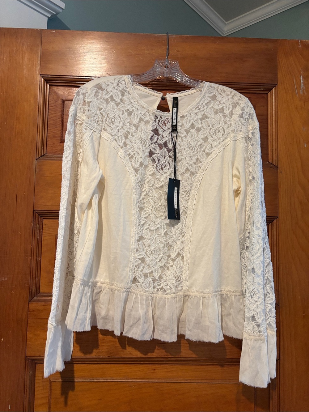 NWT Plenty by Tracy Reese Ivory Lace-Panel Ruffled Hem Blouse